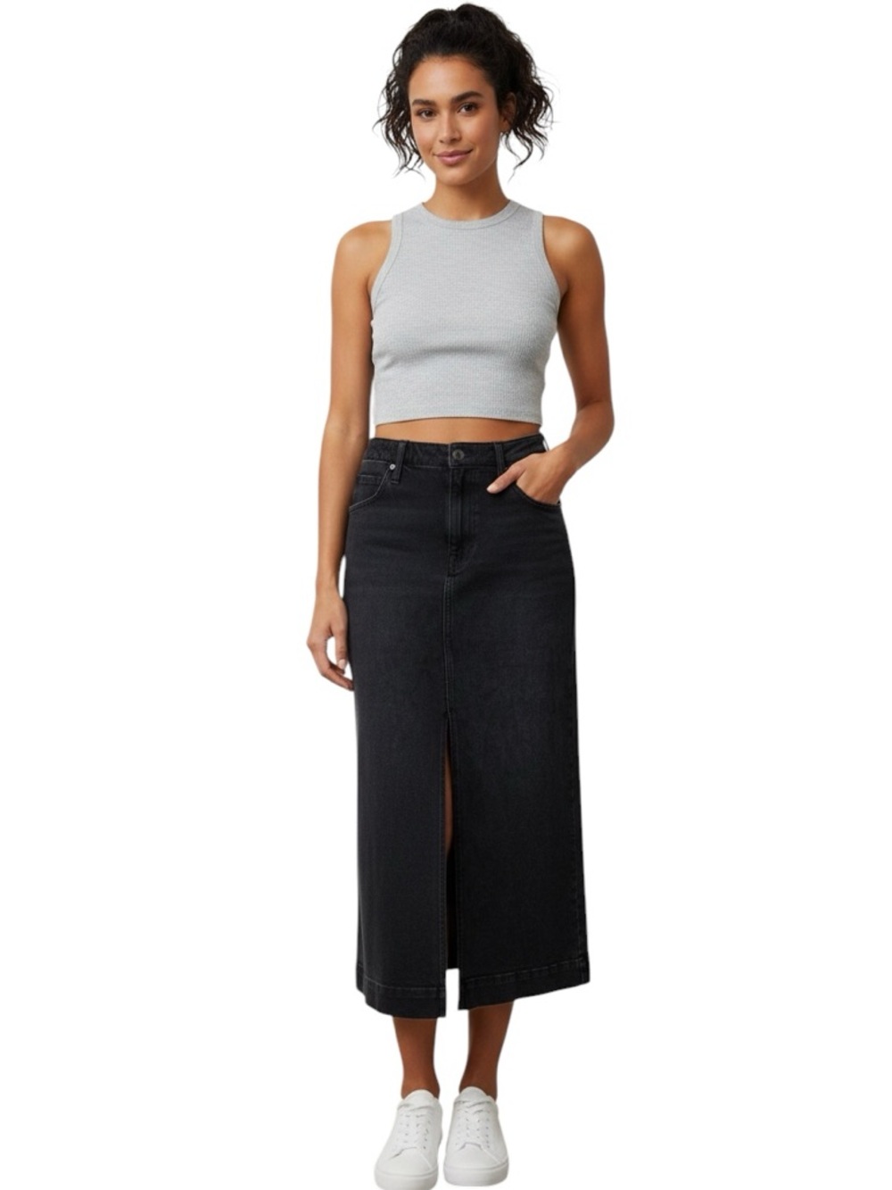 J. Crew Black High-Waist Midi Denim Skirt with Front Slit size 28